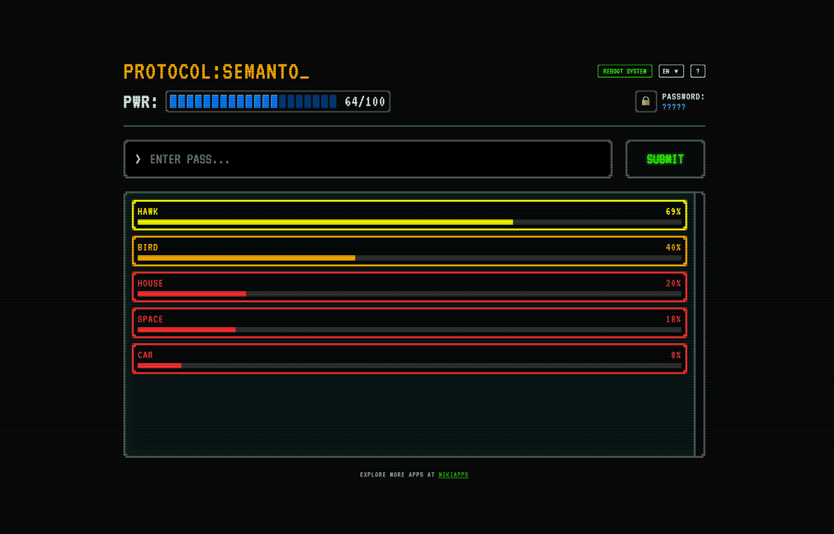 Hack the system. Guess the secret word using semantic similarity. A cyberpunk word association game.